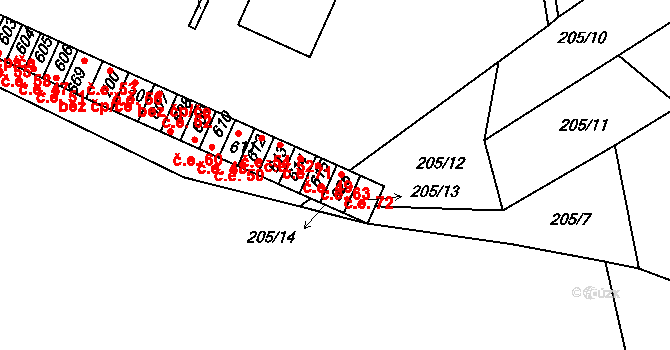 Luka nad Jihlavou 49 na parcele st. 614 v KÚ Luka nad Jihlavou, Katastrální mapa