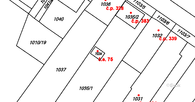 Rájec 75, Rájec-Jestřebí na parcele st. 1034 v KÚ Rájec nad Svitavou, Katastrální mapa