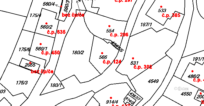 Valašské Klobouky 124 na parcele st. 566 v KÚ Valašské Klobouky, Katastrální mapa