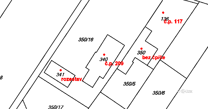 Jiřice 209, Kostelec nad Labem na parcele st. 340 v KÚ Jiřice u Kostelce nad Labem, Katastrální mapa