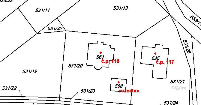 Vyšný 116, Český Krumlov na parcele st. 561 v KÚ Vyšný, Katastrální mapa