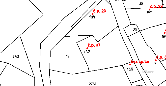 Velká 37, Milevsko na parcele st. 13/2 v KÚ Velká u Milevska, Katastrální mapa
