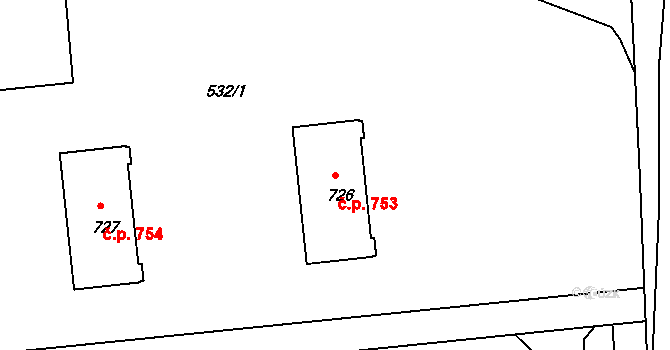 Milevsko 753 na parcele st. 726 v KÚ Milevsko, Katastrální mapa