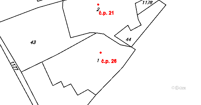 Trnčí 26, Ježovy na parcele st. 1 v KÚ Trnčí, Katastrální mapa