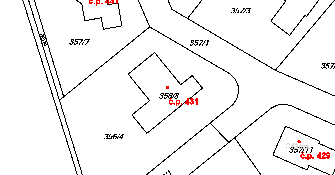 Červený Hrádek 431, Plzeň na parcele st. 356/8 v KÚ Červený Hrádek u Plzně, Katastrální mapa