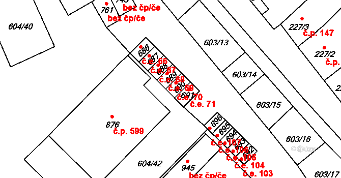 Lysice 69 na parcele st. 689 v KÚ Lysice, Katastrální mapa