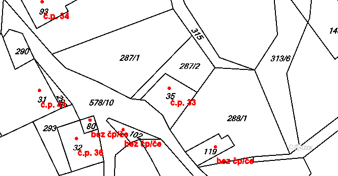 Hněvkov 33, Zábřeh na parcele st. 35 v KÚ Hněvkov, Katastrální mapa