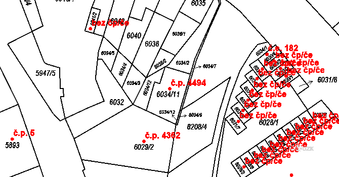 Židenice 4494, Brno na parcele st. 6034/11 v KÚ Židenice, Katastrální mapa