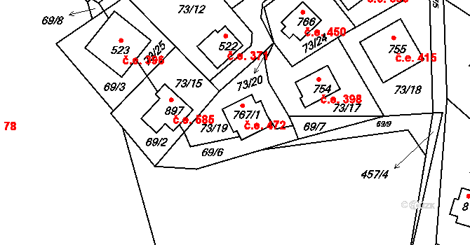 Sýkořice 472 na parcele st. 767/1 v KÚ Sýkořice, Katastrální mapa