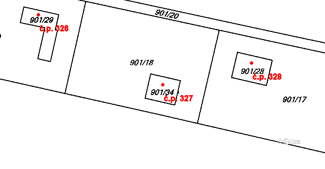 Závišice 327 na parcele st. 901/34 v KÚ Závišice, Katastrální mapa