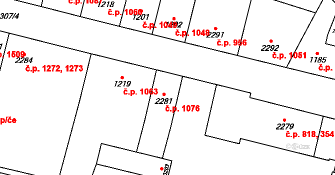 Žatec 1076 na parcele st. 2281 v KÚ Žatec, Katastrální mapa