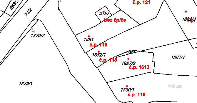 Pohořelice 118 na parcele st. 1882/1 v KÚ Pohořelice nad Jihlavou, Katastrální mapa