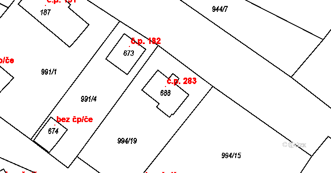 Radošov 283, Kyselka na parcele st. 688 v KÚ Radošov u Kyselky, Katastrální mapa