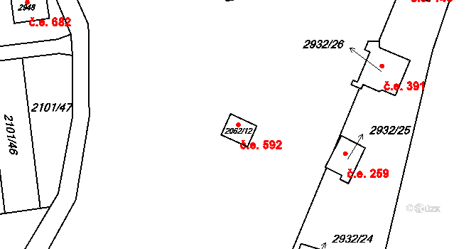 Lančov 592 na parcele st. 2062/12 v KÚ Lančov, Katastrální mapa