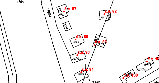 Doudleby 89 na parcele st. 187/43 v KÚ Doudleby, Katastrální mapa