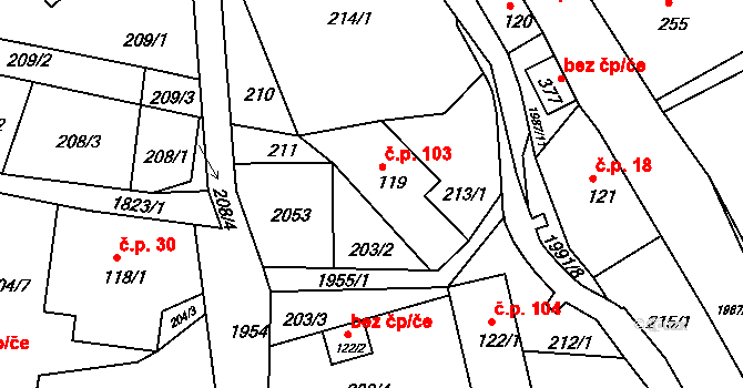 Mařenice 103 na parcele st. 119 v KÚ Mařenice, Katastrální mapa
