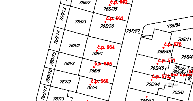 Hrušovany u Brna 564 na parcele st. 766/4 v KÚ Hrušovany u Brna, Katastrální mapa
