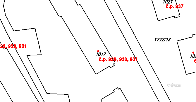 Tišnov 929,930,931 na parcele st. 1017 v KÚ Tišnov, Katastrální mapa