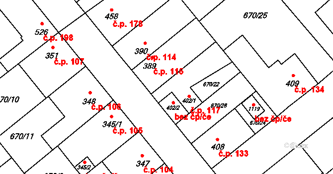 Pchery 117 na parcele st. 402/1 v KÚ Pchery, Katastrální mapa