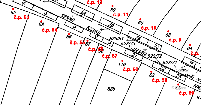 Karolín 67 na parcele st. 58 v KÚ Karolín u Sulimova, Katastrální mapa
