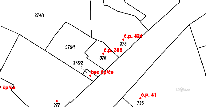 Tuchlovice 355 na parcele st. 375 v KÚ Tuchlovice, Katastrální mapa
