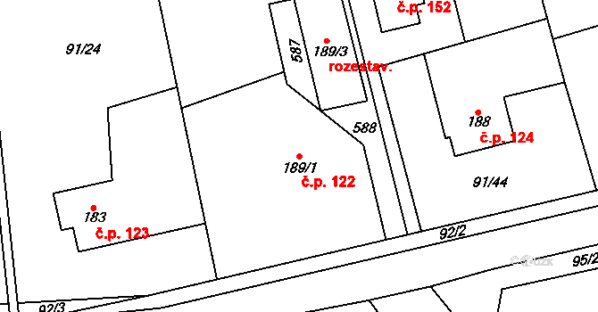 Chrustenice 122 na parcele st. 189/1 v KÚ Chrustenice, Katastrální mapa