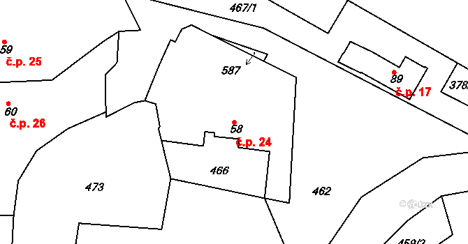 Tůně 24, Nechanice na parcele st. 58 v KÚ Tůně u Nechanic, Katastrální mapa