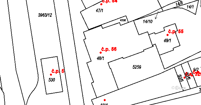 Borovany 56 na parcele st. 48/1 v KÚ Borovany, Katastrální mapa