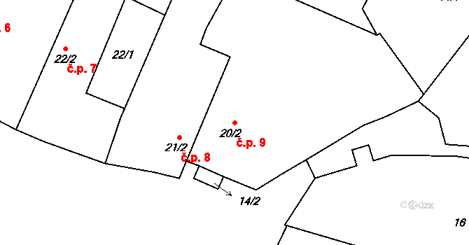Chodouny 9 na parcele st. 20/2 v KÚ Chodouny, Katastrální mapa