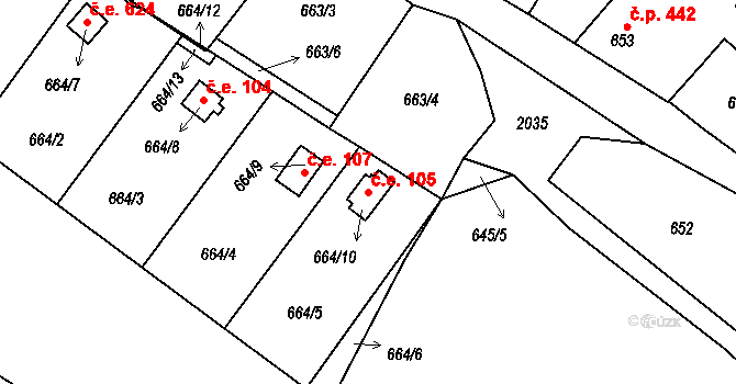 Bechyně 105 na parcele st. 664/10 v KÚ Bechyně, Katastrální mapa