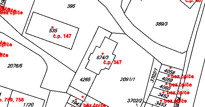 Žichlínské Předměstí 347, Lanškroun na parcele st. 874/3 v KÚ Lanškroun, Katastrální mapa
