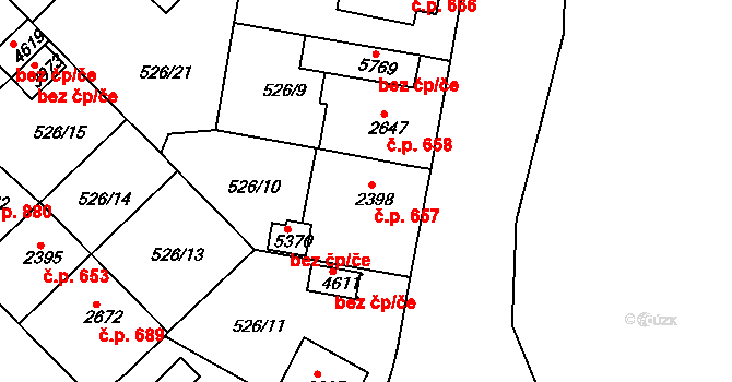 Borovina 657, Třebíč na parcele st. 2398 v KÚ Třebíč, Katastrální mapa