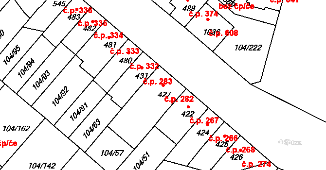 Podklášteří 282, Třebíč na parcele st. 427 v KÚ Podklášteří, Katastrální mapa
