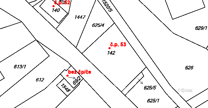 Petrašovice 53, Bílá na parcele st. 142 v KÚ Petrašovice, Katastrální mapa