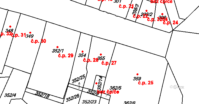 Teplice 27 na parcele st. 355 v KÚ Teplice, Katastrální mapa