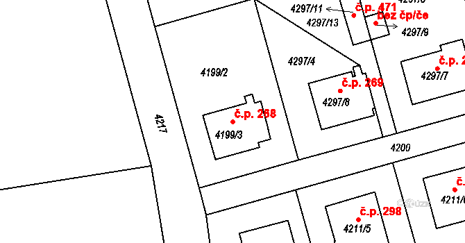 Lískovec 268, Frýdek-Místek na parcele st. 4199/3 v KÚ Lískovec u Frýdku-Místku, Katastrální mapa