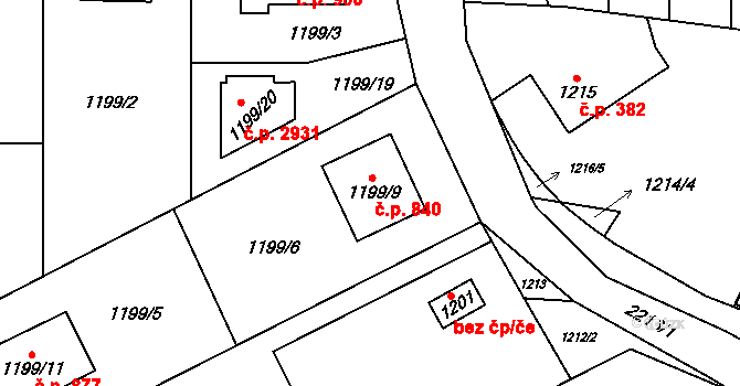 Stodůlky 840, Praha na parcele st. 1199/9 v KÚ Stodůlky, Katastrální mapa