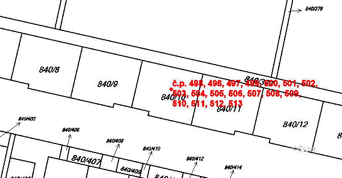 Bohnice 496,497,498,499,500,, Praha na parcele st. 840/10 v KÚ Bohnice, Katastrální mapa
