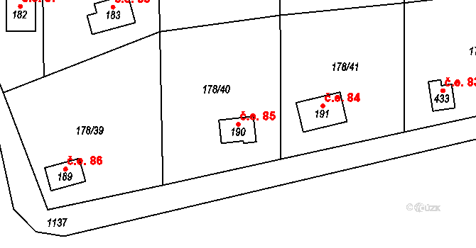 Lhotka 85, Svinaře na parcele st. 190 v KÚ Svinaře, Katastrální mapa