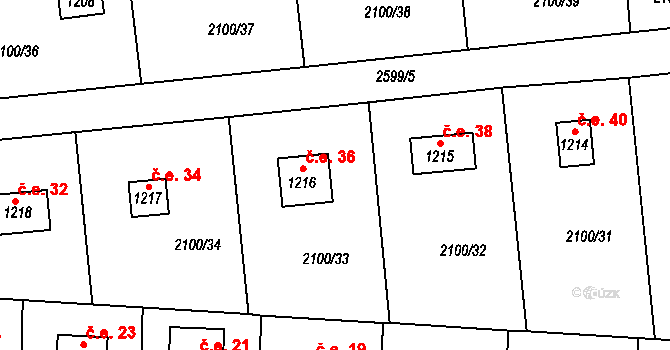 Chouzavá 36, Voznice na parcele st. 1216 v KÚ Voznice, Katastrální mapa