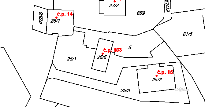 Bašť 183 na parcele st. 25/5 v KÚ Bašť, Katastrální mapa