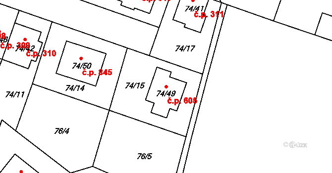 Stará Pohůrka 605, Srubec na parcele st. 74/49 v KÚ Srubec, Katastrální mapa