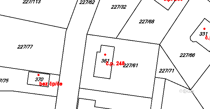 Želeč 248 na parcele st. 361 v KÚ Želeč u Tábora, Katastrální mapa