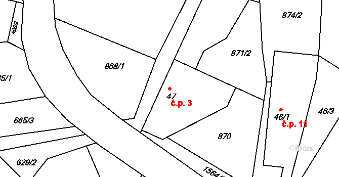 Opřetice 3, Bystřice na parcele st. 47 v KÚ Jinošice, Katastrální mapa