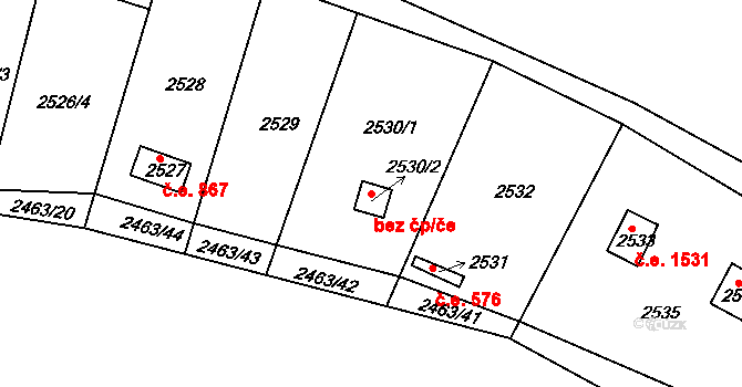 Roztoky 82 na parcele st. 2530/2 v KÚ Roztoky u Prahy, Katastrální mapa