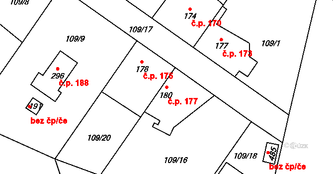 Minice 177, Kralupy nad Vltavou na parcele st. 180 v KÚ Minice u Kralup nad Vltavou, Katastrální mapa