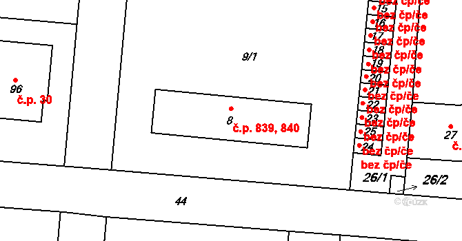 Řevnice 839,840 na parcele st. 8 v KÚ Řevnice, Katastrální mapa