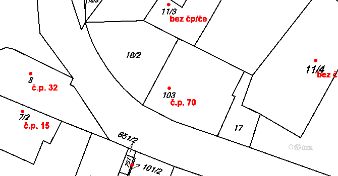 Trnová 70, Pardubice na parcele st. 103 v KÚ Trnová, Katastrální mapa