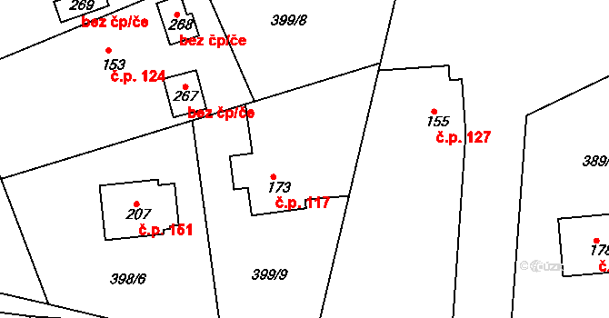 Mniší 117, Kopřivnice na parcele st. 173 v KÚ Mniší, Katastrální mapa