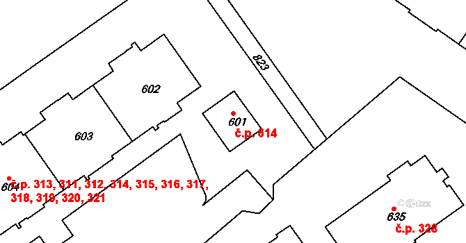 Střížkov 614, Praha na parcele st. 601 v KÚ Střížkov, Katastrální mapa